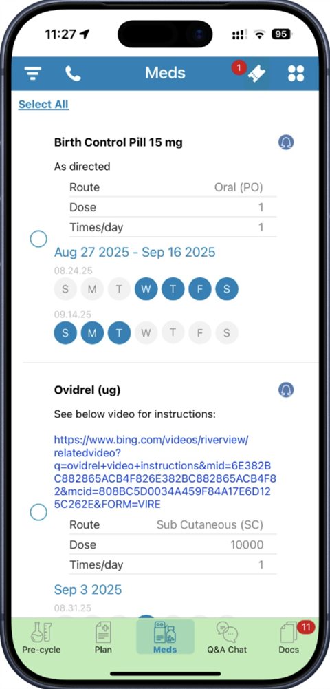 iMineIVF app — Meds screen with medication schedule