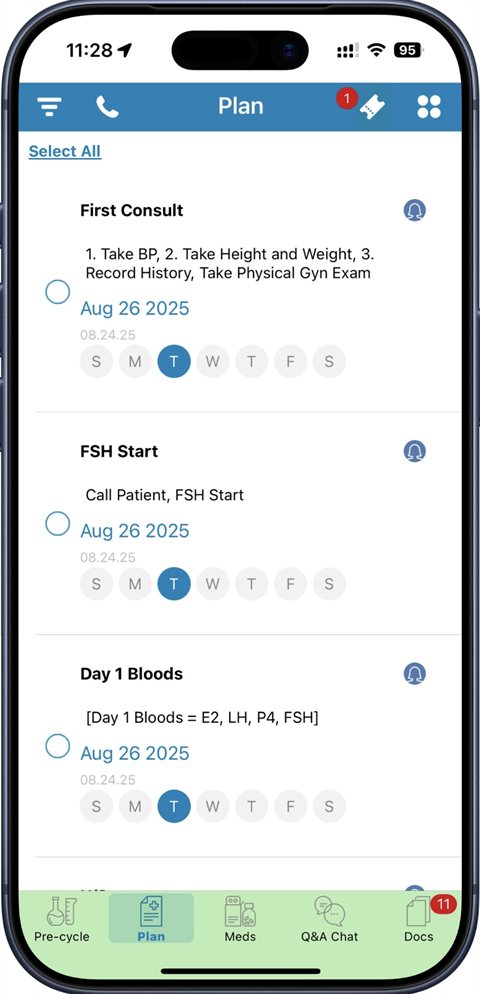 iMineIVF app — Plan screen with treatment steps