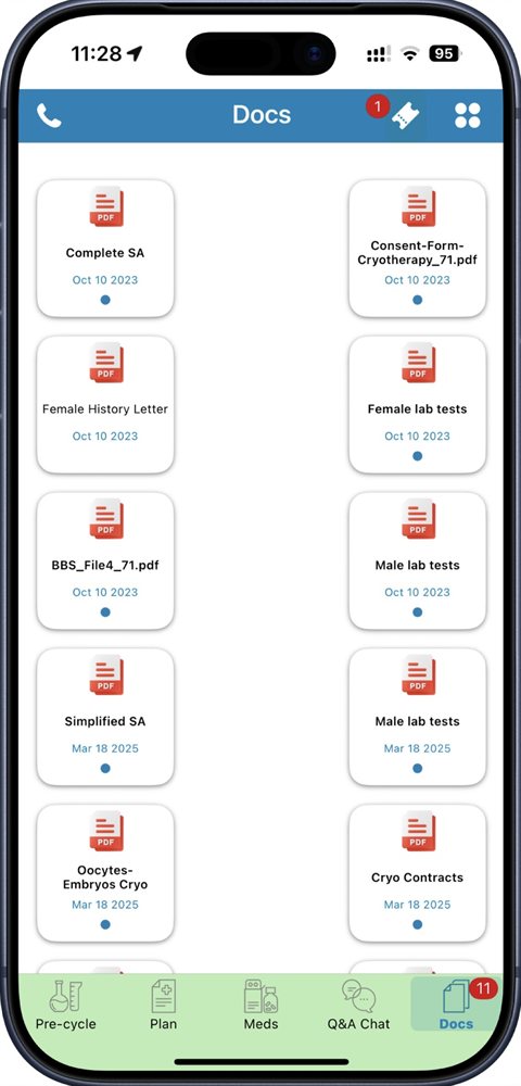 iMineIVF app — Docs screen with patient documents