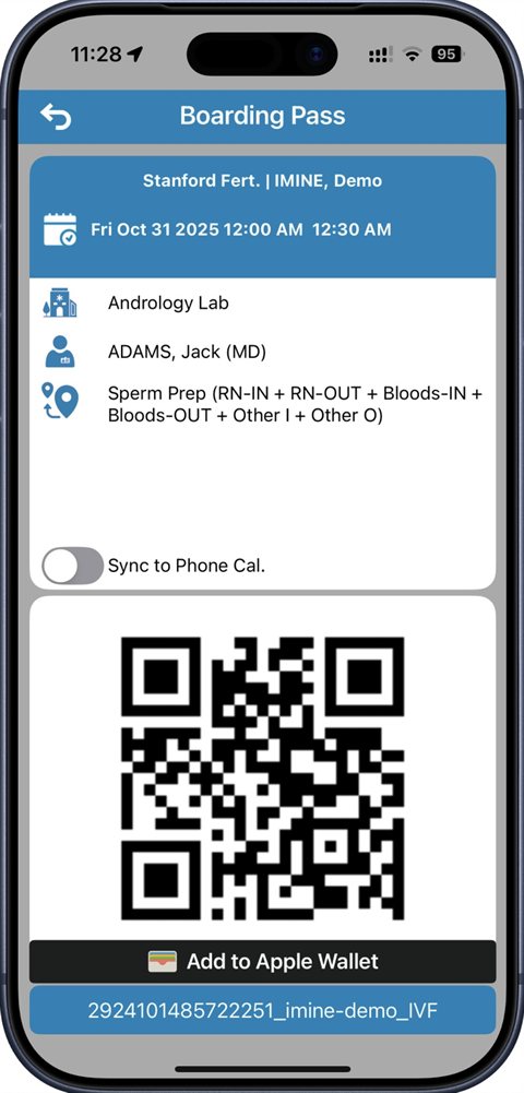 iMineIVF app — Boarding Pass screen with QR code check-in